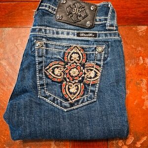 Miss Me Straight Cut Jeans Baroque Embroidered Bling Pocket Denim Sz 25